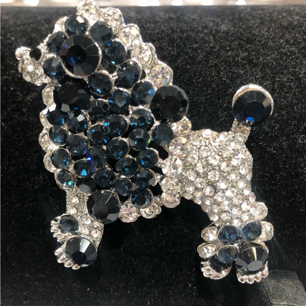 Blue and clear Rhinestone Poodle Dog Puppy Animal Brooch Pin in sliver